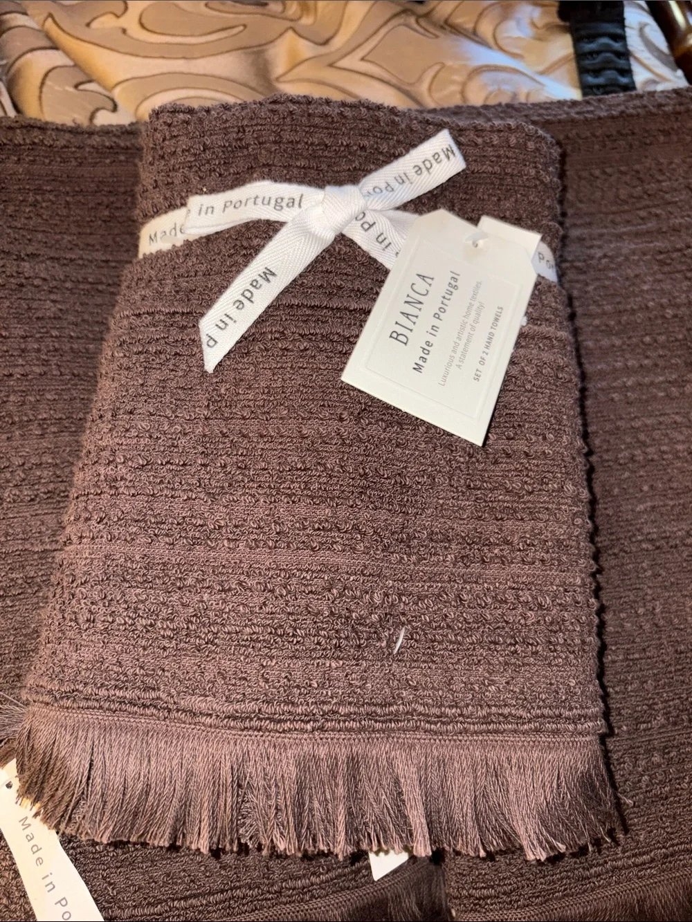 Bianca Made in Portugal Brown Cotton Fringe Bath and Hand Towel NWT